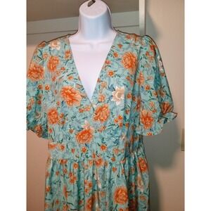 Shein Curve Floral Dress Wrap V-Neck Short Sleeve Size 0XL Green Orange‎